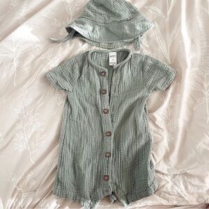 carters sage green baby romper and matching hat